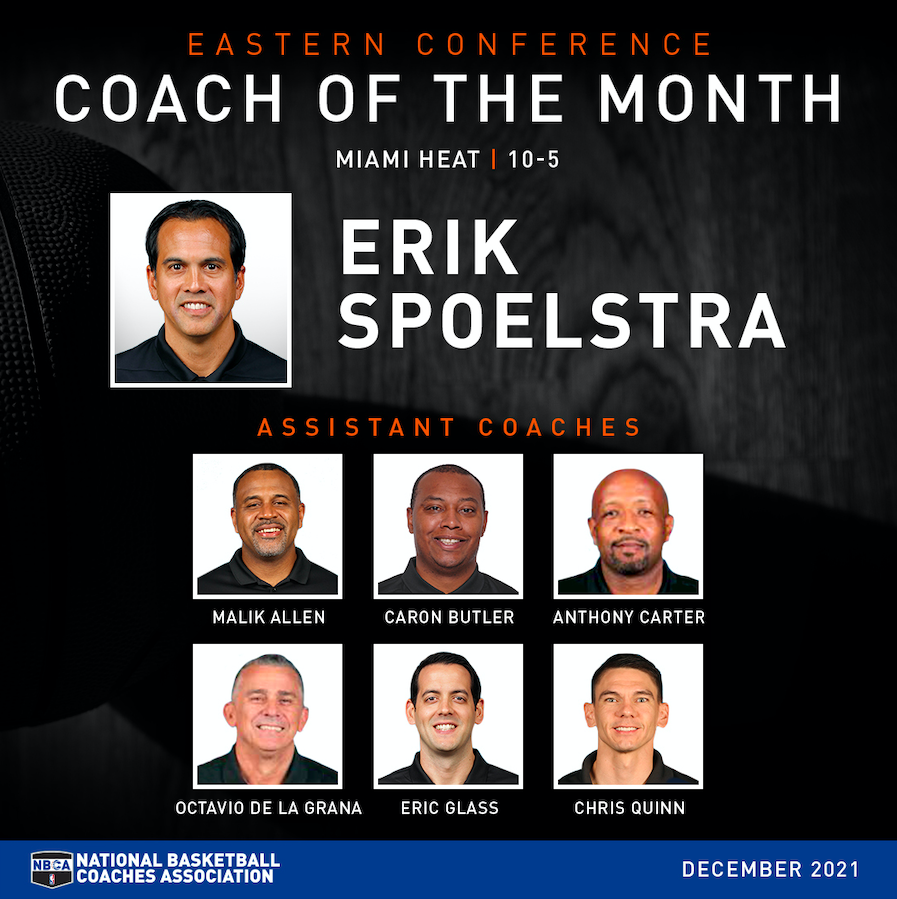 Erik Spoelstra and the Miami Heat Coaching Staff Win December Eastern  Conference Coach of the Month Award | The Official Website of The NBA  Coaches Association