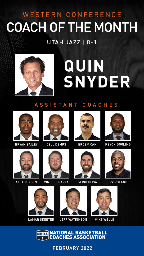 Quin Snyder and the Utah Jazz Win February Western Conference Coach of the  Month | The Official Website of The NBA Coaches Association