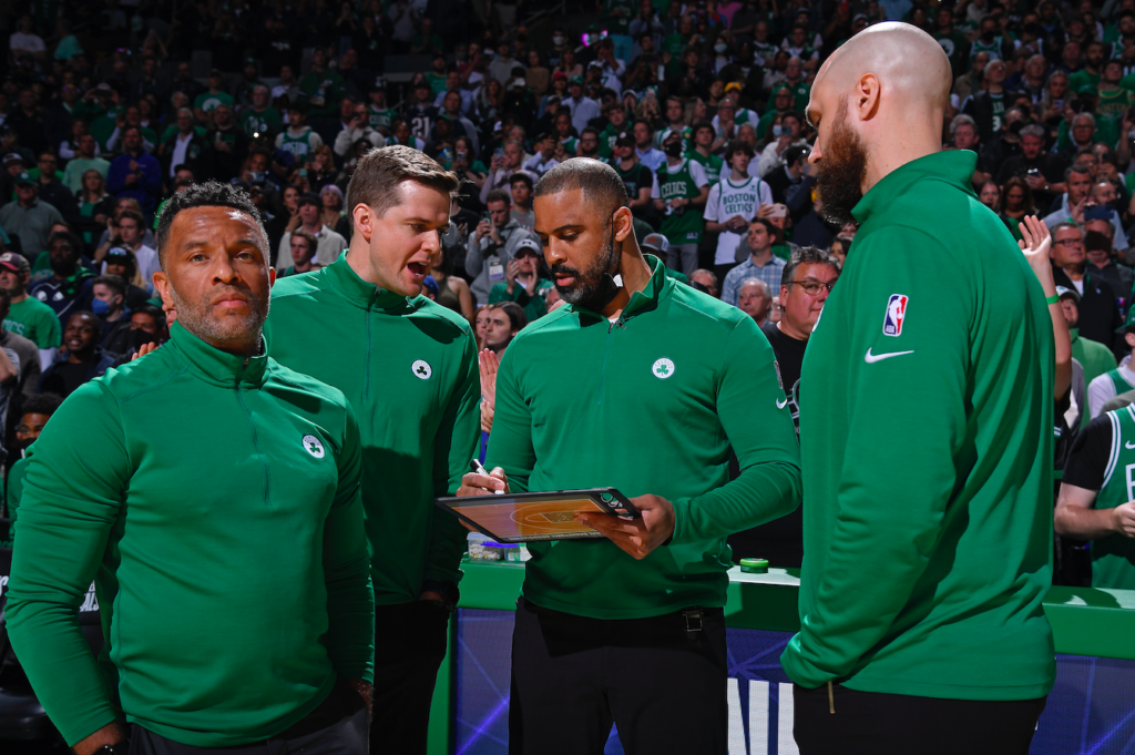 Celtics assistant coach sporting new P.E.I.-themed Air Jordans